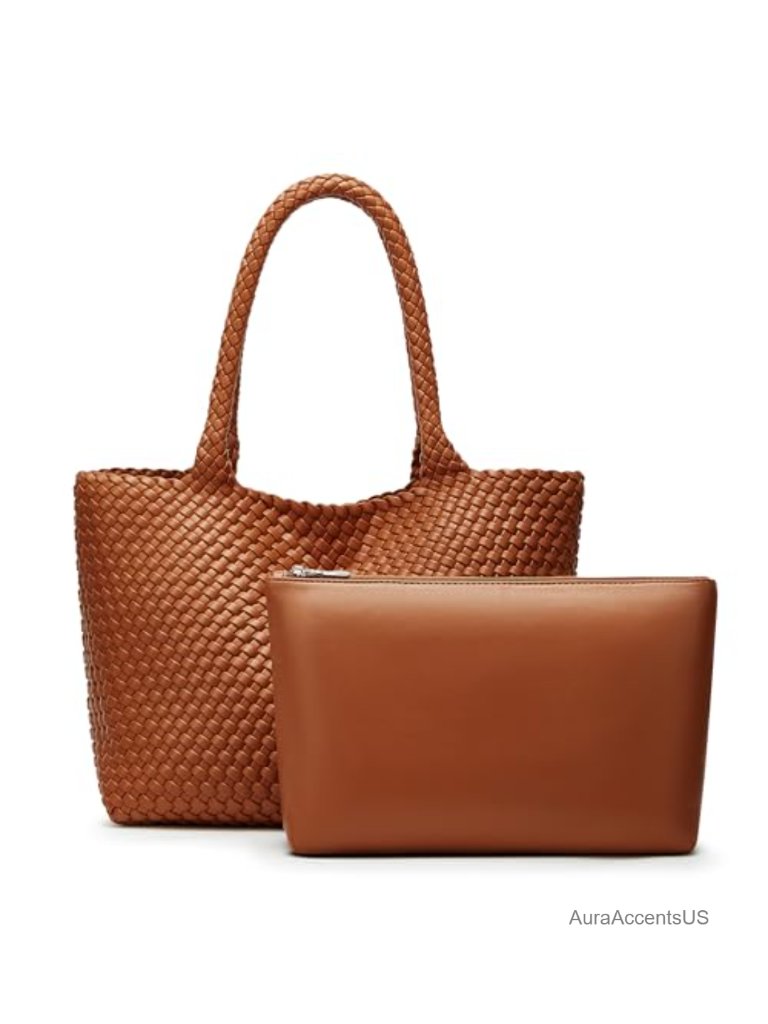 Handwoven Vegan Leather Tote Bag With Detachable Clutch For Travel